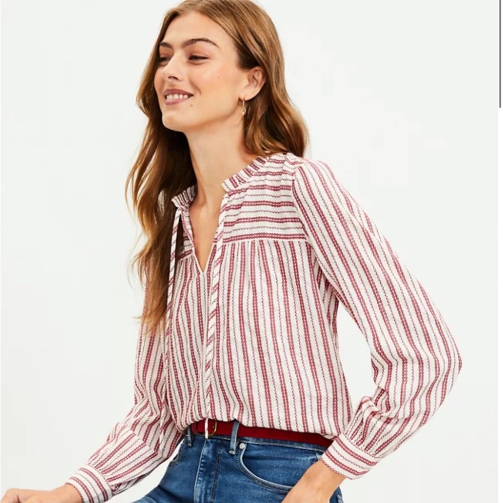 LOFT Striped Ruffle Tie Neck Blouse